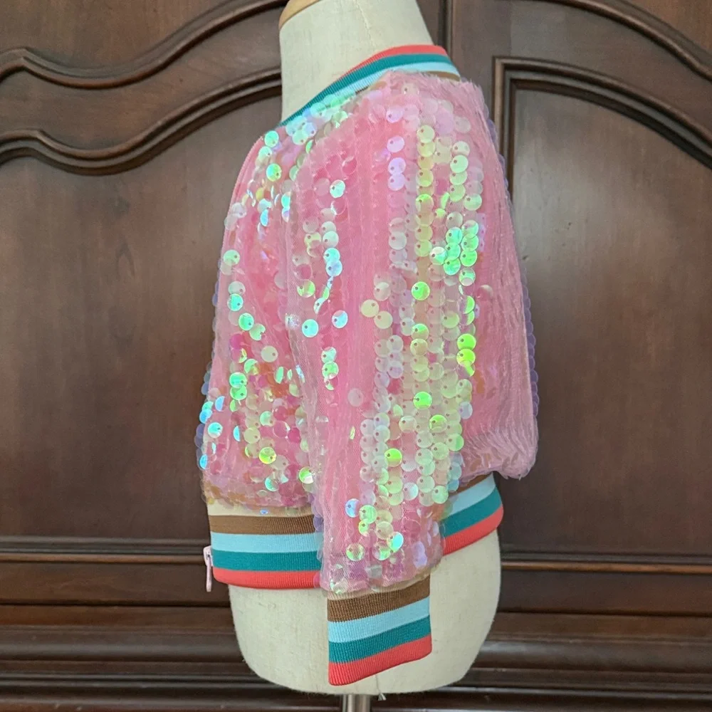 Marie Nicole Pink Iridescent Sequin Bomber Jacket Girls Boutique Zip Front